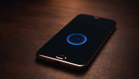 Smartphone with blue light on the screen on a wooden table.の素材