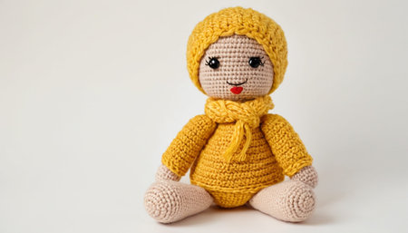 Handmade crochet doll isolated on a white background with copy space.の素材