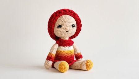 Handmade crochet doll isolated on white background. Knitted handmade toy.の素材