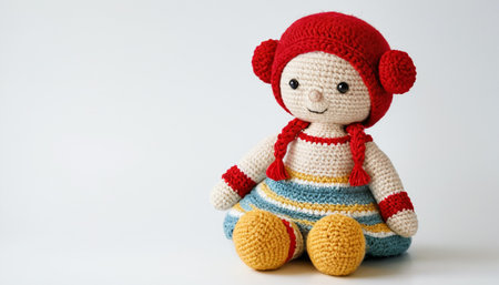 Handmade crochet doll in red and blue colors on a white backgroundの素材
