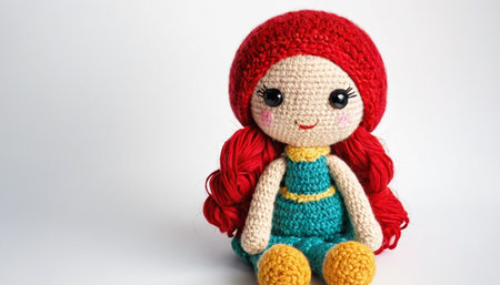 Handmade crochet doll isolated on white background. Knitted crochet doll.の素材