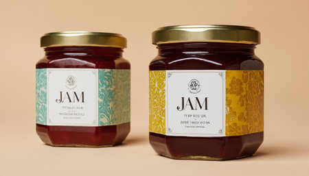Jars of Jam on a beige background, close-upの素材