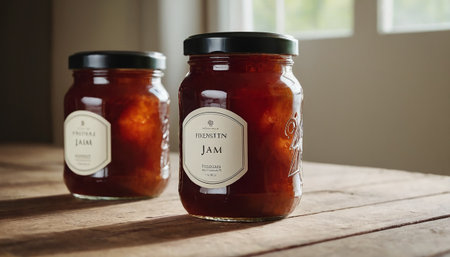 Jars of apricot jam on a wooden table in front of windowの素材