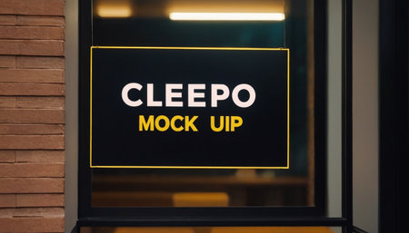 Close up of closed signboard in a shop window at night.の素材