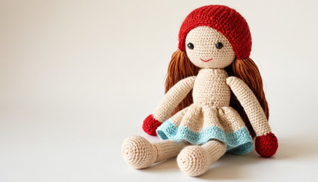 Handmade crochet doll with red hair sitting on a white background.の素材