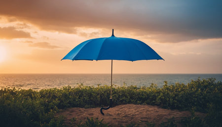 Blue umbrella on the beach at sunset, vintage color tone and soft focusの素材