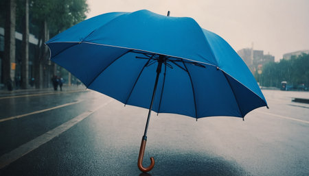 Blue umbrella on the street in rainy weather. Shallow depth of fieldの素材
