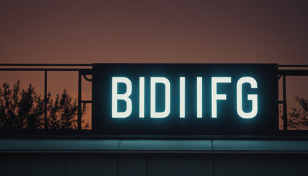 Illuminated BIDGING sign on a building at sunsetの素材