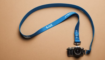 Blue ribbon with the name of the photographer on a beige backgroundの素材