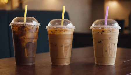 Iced coffee in plastic cups with straws on wooden table.の素材