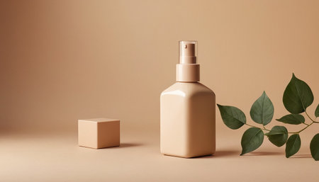 Cosmetic bottle mockup with green leaves on beige background. 3D renderingの素材