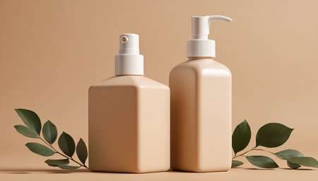 Plastic bottles of cosmetic products with green leaves on beige backgroundの素材