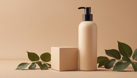 Mockup of cosmetic bottle with dispenser and green leaves on beige backgroundの素材