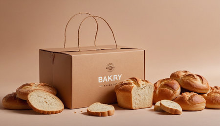 Bakery products on a brown background with a box of bread.の素材