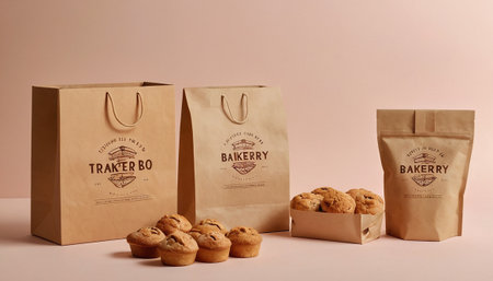 Muffins in paper bags on pink background. Bakery concept.の素材