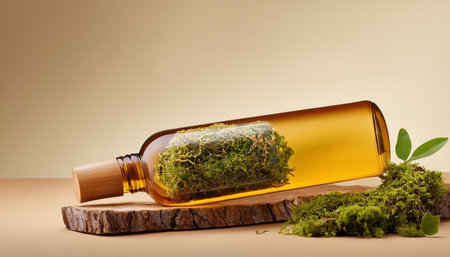 bottle of oil with moss on wooden table and beige backgroundの素材