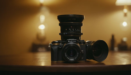 Retro camera on a wooden table in coffee shop, stock photoの素材