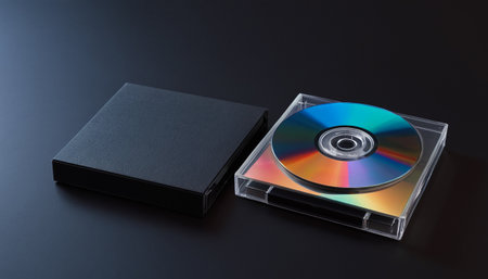 Compact disk and black box on black background. 3d renderingの素材