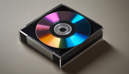 Compact disc in a box on a gray background close-upの素材
