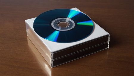 Compact disk in white box on wooden table. Copy space.の素材