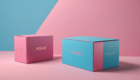 3d rendering of two colorful boxes on pastel pink and blue backgroundの素材
