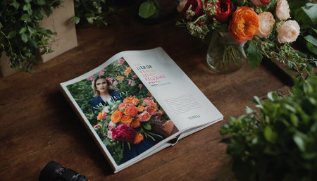 Beautiful flowers in a vase on a wooden table with a magazineの素材