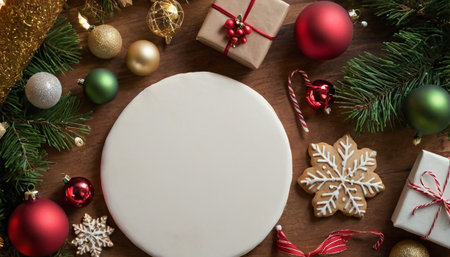 Christmas decoration with gingerbread cookies on wooden background. Top view with copy spaceの素材