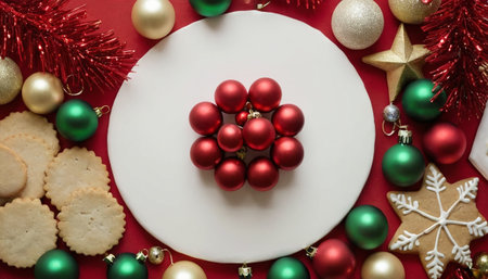 Christmas decorations on a red background. Top view, flat lay.の素材