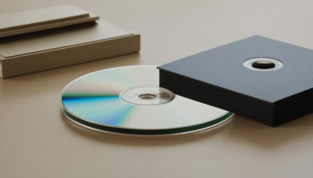 Compact disc in black box and note book on brown background.の素材