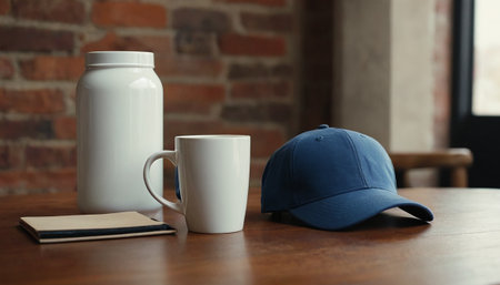 A cup of coffee and a cap on a table in a cafeの素材