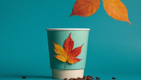 Coffee cup with autumn leaves on blue background. Minimal concept.の素材