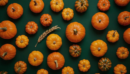 Autumn composition. Pumpkins on green background. Flat lay, top view, copy spaceの素材
