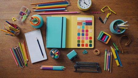 School and office supplies on wooden background. Back to school concept.の素材