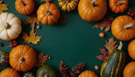 Autumn composition with pumpkins on green background. Flat lay, top view, copy spaceの素材
