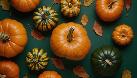 Autumn background with pumpkins and leaves. Top view. Flat lay.の素材