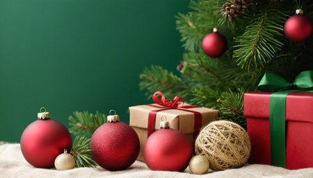 Christmas and New Year background with fir branches, red balls, gift boxes and decorations.の素材