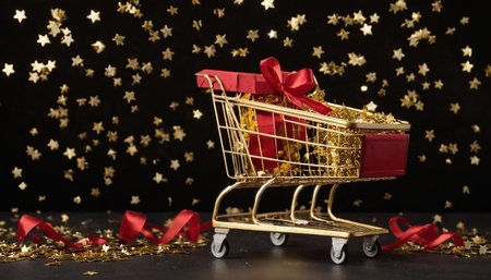 Shopping cart with gift box and golden confetti on black backgroundの素材