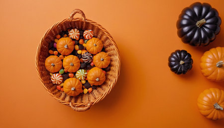 Halloween pumpkins and candies in a basket on orange backgroundの素材