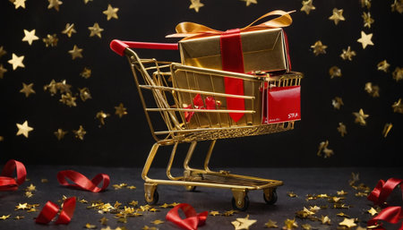 Shopping cart with gift box on a black background with golden starsの素材