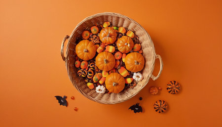 Halloween pumpkins in a wicker basket on an orange backgroundの素材