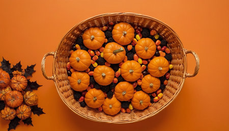 Pumpkins in a wicker basket on an orange background.の素材