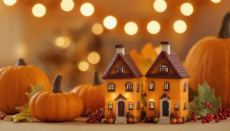 Halloween pumpkins and gingerbread house on light bokeh backgroundの素材