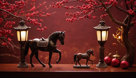 Horse figurine, lantern and cherry blossoms on red backgroundの素材