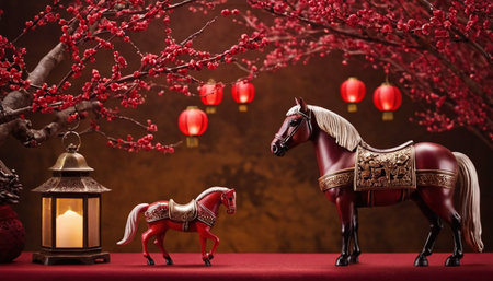 Horse and lantern with plum blossoms background. Chinese New Yearの素材