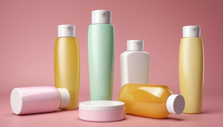 Set of cosmetic bottles on a pink background. 3d rendering.の素材