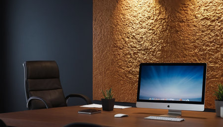 workplace with computer on wood table. 3d render illustration.の素材