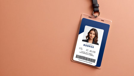 Smartphone with id card on brown background, top view with copy spaceの素材