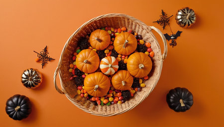 Halloween pumpkins and candies in a basket on orange backgroundの素材