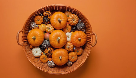 Top view of a wicker basket filled with pumpkins on an orange backgroundの素材