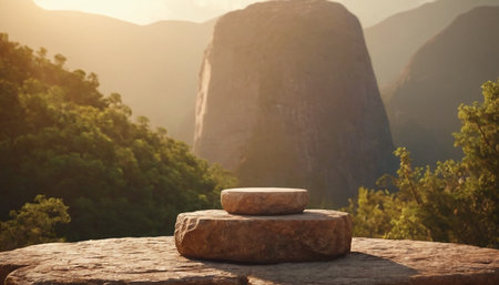 Empty stone platform on top of mountain at sunrise. For product displayの素材